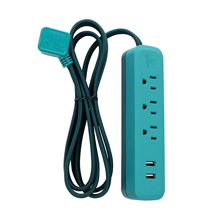 Globe Electric Designer Series 6-ft 3-Outlet USB Surge Protector Power Strip, 2x USB Ports, Right Angle Plug, Teal Rubberized Finish 78390