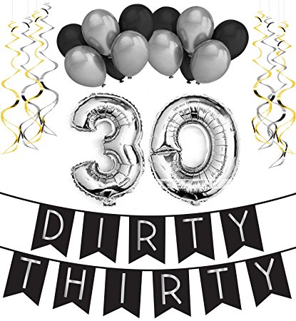 Dirty Thirty - 30th Birthday Party Pack – Black & Silver Happy Birthday Bunting, Poms, and Swirls Pack- Birthday Decorations – 30th Birthday Party Supplies