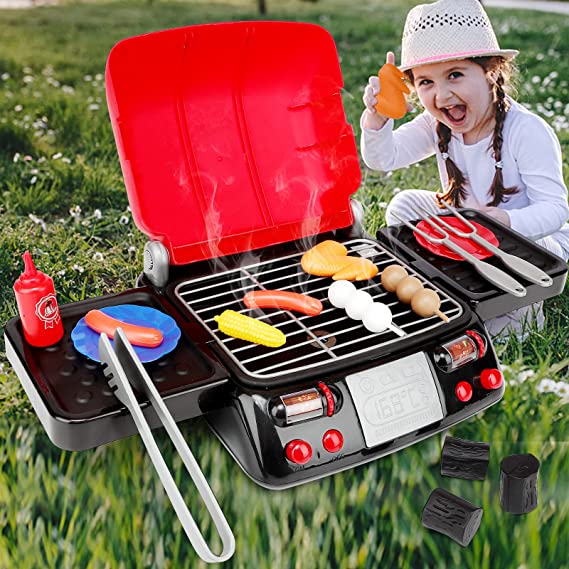 Aomola Kids Pretend Grill Kitchen Playset Toys for Toddlers 1-3 , BBQ Cooking Toy with Realistic Spray Light & Sound , Play Food Accessories Cooking Set for Girls Boys Kid Birthday