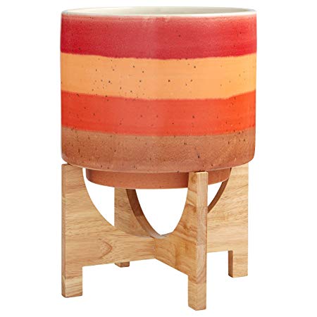 Rivet Modern Ceramic and Bamboo Planter, 14.5" H, Red and Orange