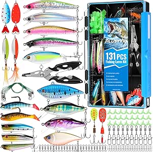 PLUSINNO Fishing Lures Fishing Tackle Box Fishing Bait Gifts for Men, Bass, Trout Fishing Accessories Kit for Saltwater & Freshwater Fishing Gear Including Topwater Lures, Hooks, Spinnerbaits