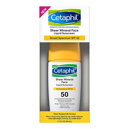 CETAPHIL Sheer Mineral Liquid Sunscreen for Face | 1.7 fl oz | 100% Mineral Sunscreen: Zinc Oxide | Broad Spectrum SPF 50 | Formulated for Sensitive Skin | Dermatologist Recommended Brand