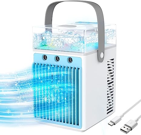 Aire Acondicionado Portátil, 4 en 1 Mini Enfriador de Aire Portátil con 3 modos de velocidad del viento, mini humidificador de aire con enfriador Pequeño USB con 7 Colores LED para el Hogar Oficina