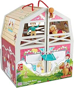 Hape Pony Ranch Barn Stable Club Playset Doll House with 2 Levels and Easy Carry Handle for Kids Ages 3 Years and Up