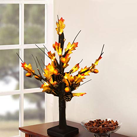 Bright Zeal 20" Tall LED Maple Tree Lights Indoor Battery Operated - Thanksgiving Table Top Decorations - Acorns and Pine Cones Decorations - Lighted Tabletop Maple Tree Home Decor