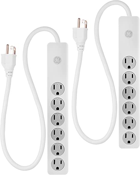 GE 6-Outlet Surge Protector, 2 Pack, 2 Ft Extension Cord, Power Strip, 450 Joules, Heavy Duty Plug, Twist-to-Close Safety Covers, UL Listed, White, 54625