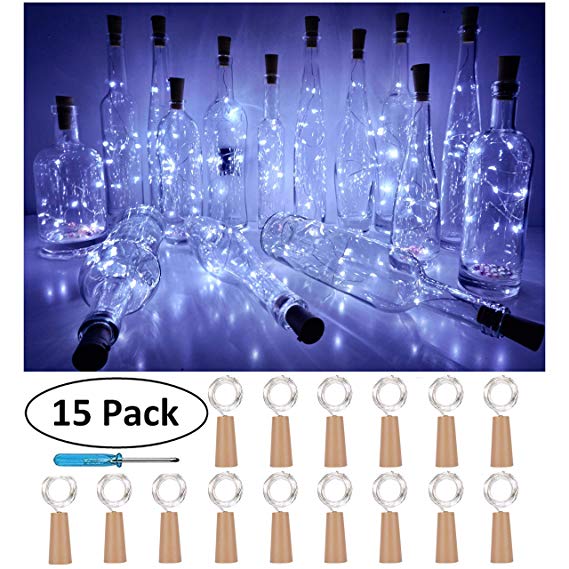 Wine Bottle Cork Lights, Battery Operated LED Cork Shape Silver Copper Wire Colorful Fairy Mini String Lights for DIY Party Christmas Halloween Wedding,Outdoor Indoor Decoration,15Pack (Cool White)
