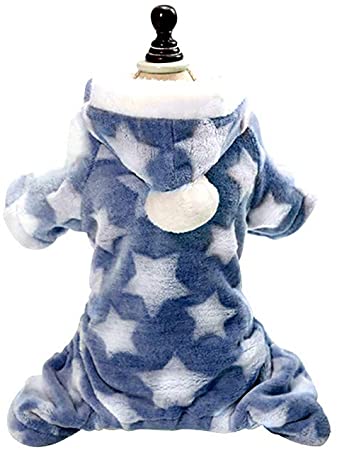 hudiemm0B Dog Coat, Star Moon Print Puppy Dog Fleece Warm Winter Coat Jumpsuit Pet Hooded Pajamas Blue S