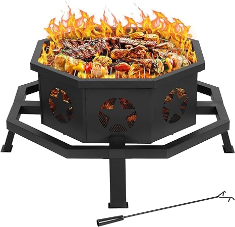 Hykolity 35 Inch 2 in 1 Fire Pit with Grill, Large Wood Burning Fire Pit with Cooking Grate, Octagonal Outdoor Firepit with Fire Poker for Backyard Bonfire Patio Outside Picnic BBQ