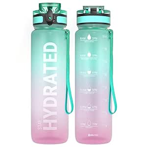 Sahara Sailor Water Bottles, 32oz Motivational Sports Water Bottle with Time Marker - Times to Drink - Tritan, BPA Free, Wide Mouth Leakproof, Fast Flow Technology with Clean Brush (1 Pack）