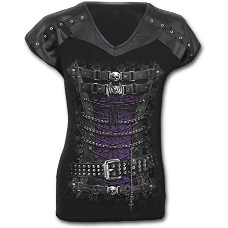 Spiral Womens - WAISTED CORSET - Leather Look Studed Top Black