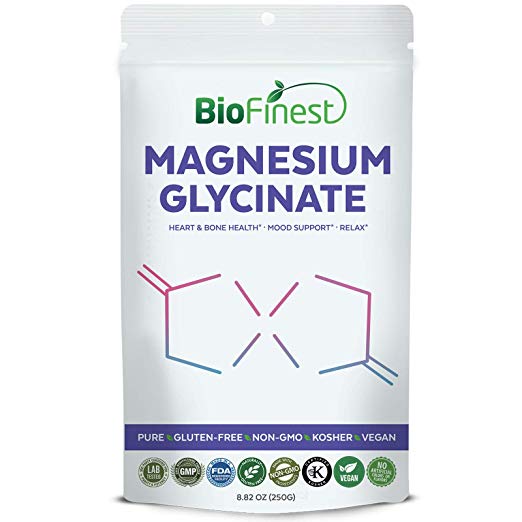 Biofinest Magnesium Glycinate Powder - Pure Gluten-Free Non-GMO Kosher Vegan Friendly - Supplement for Performance, Brain Health, Mood Support, Relax (250g)