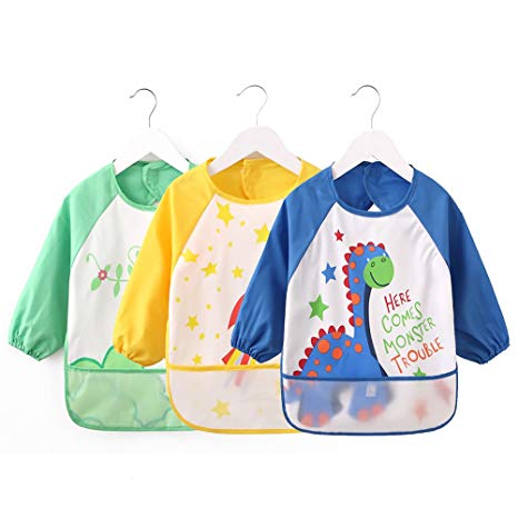 Vicloon Sleeve Bibs,Set of 3 Waterproof Long Sleeve Baby Bib for Kids Feeding Arts Craft Painting Apron Front Pocket Children Aged 1-3 Years