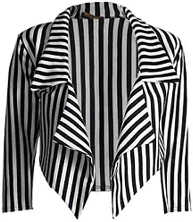 New Womens Black White Stripe Print Open Front Waterfall Crop Blazer Jacket Coat