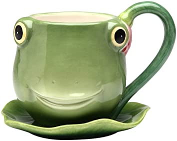 ATD 61514 4.75" Green Smiling Fairy Frog Teacup and Leaf Shaped Saucer Set