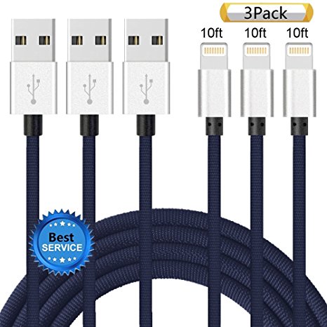 iPhone Cable SGIN, 3Pack 10FT Nylon Braided Cord Lightning Cable Certified to USB Charging Charger for iPhone 7,7 Plus,6S,6s Plus,6,6plus,SE,5S,5,iPad,iPod Nano 7 - Blue