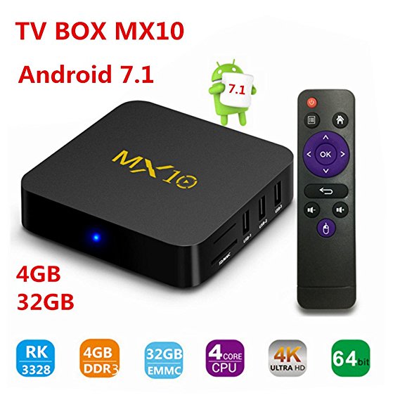 Timmery TV BOX,MX10 TV BOX Android 7.1 smart TV box Rockchip RK3328 Quad-core 4GB DDR3 RAM 32 ROM EMMC Support H.265 UHD 4K 2.4G WiFi Set-top box