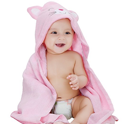 Biubee Baby Bamboo Hooded Towel (31.5"x31.5") - Organic, Hypoallergenic, Soft Bath Towel for Infant to Toddler (pink cat)