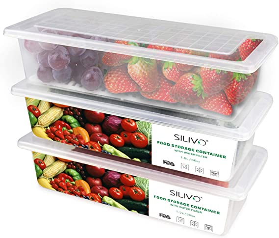 Refrigerator Organizer Bins Produce Saver - 1.5L x 3 SILIVO Fridge Storage Containers with Removable Drain Tray for Produce, Fruits, Vegetables, Meat and Fish