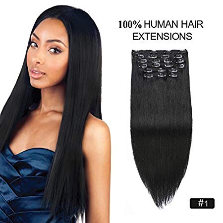 Clip in Human Hair Extensions Black, Re4U 14inch Silky Straight #1 Jet Black Real Clip in Hair Extensions African American 110grams Real Remy Hair (14" 10pcs 110g #1 Jet Black)