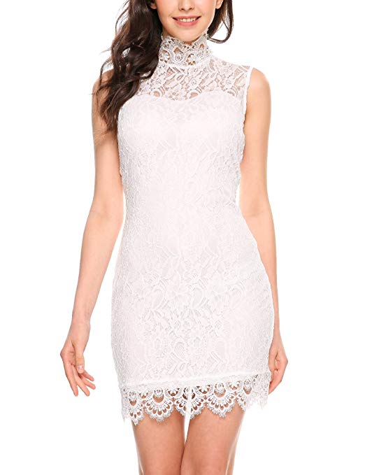 Beyove Women Sheer High Neck Floral Lace Sleeveless Bodycon Cocktail Dress