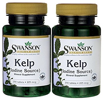 Swanson Premium Brand Kelp  Iodine Source  225 mcg  2 Bottles each of 250 Tablets