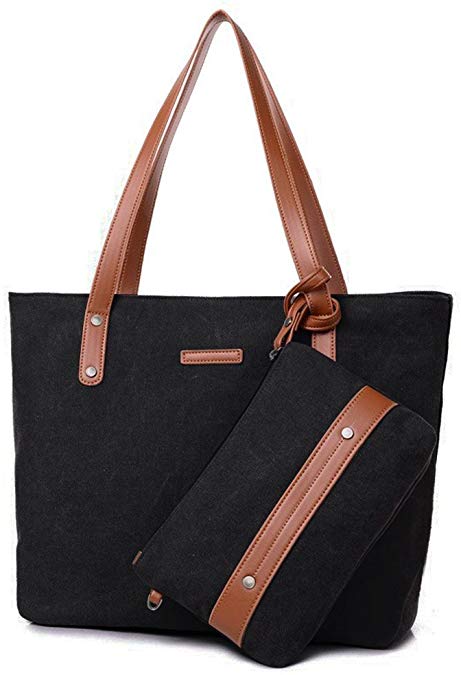 S-ZONE Women Canvas Daily Work Tote Bag Shopping Handbag Shoulder Bag with Purse