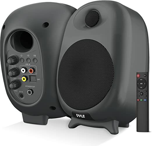 Pyle HiFi 60W Powered Bluetooth Bookshelf Monitor Speaker Set, Optical RCA Input, Bass/Treble Adjustable, Deep Bass, 3 Audio Mode, Studio Computer Desk Stereo System, Remote Control, Black - PBKSR40