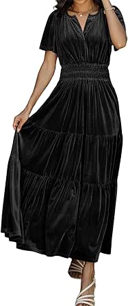 R.Vivimos Women's Fall Winter Vintage Velvet Dress Short Sleeve V Neck Elastic Waist Tiered Ruffle A-Line Flowy Maxi Dress