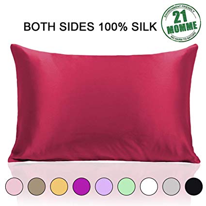 Ravmix 100% Natural Silk Pillowcase for Hair and Skin with Hidden Zipper Queen 21 Momme Hypoallergenic Soft Breathable Both Sides Silk, 20×30inch, 1pcs, Wine Red