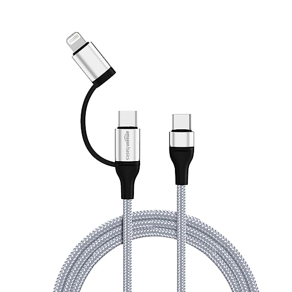 AmazonBasics 2-in-1 Type C to Type C/Lightning Cable, 60W, Fast Charging and Data Sync, Wide Compatibility (Silver)