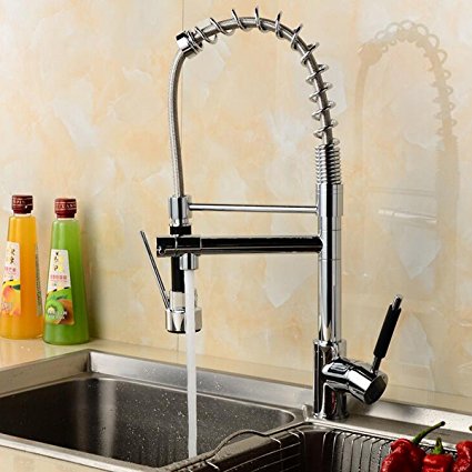 TAPCET Modern Chrome Brass Pull Out Spring Kitchen Faucet Sink Mixer Tap 2 Swivel Spout