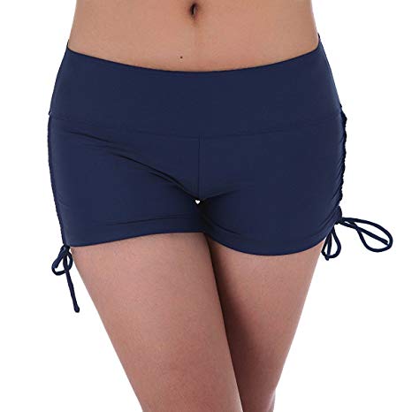 UNOW Women's Sporty Adjustable Boy Leg Wide Waistband Fully Lined Bikini Bottom Beach Briefs Tankinis Board Shorts