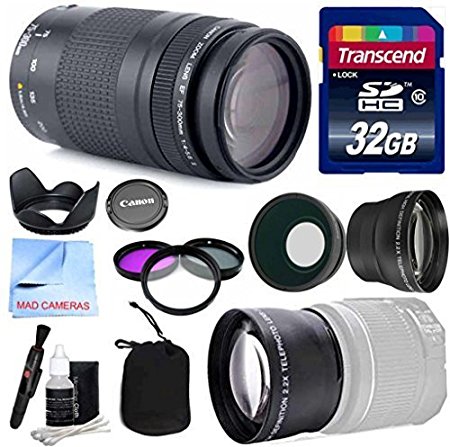 Canon Lens Kit With Canon EF 75-300mm f/4-5.6 III Telephoto Zoom Lens (58mm Thread)   Wide & Telephoto Auxiliary Lenses   3 Piece Filter Kit   32 GB Transcend SD Card-for Canon DSLR Cameras