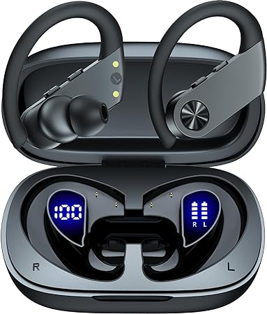 Wireless Earbuds Bluetooth Headphones 110Hrs Playback Sports Ear Buds with 2200mAh Charging Case & Dual Power Display Over-Ear Stereo Bass Earphones with Earhooks for Running Workout Black