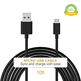 KinpsPremium High Speed Black Micro USB Data Charging Cord Cable for Android, Samsung, LG, HTC, Motorola, Sprint, Sony, Blackberry and Other Tablet Smartphone (10FT)