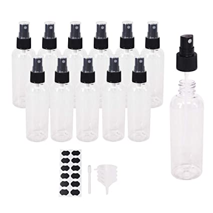 BPFY 12 Pack 3.3oz Clear Plastic Spray Bottles For Essential Oils, Perfumes, Cosmetics, Hand Sanitizers, Alcohol, Mini Travel Bottle, Small Refillable Liquid Containers with Funnels, Chalk Labels, Pen