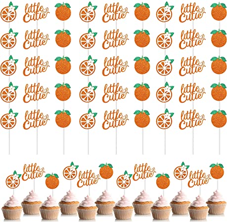 48 Pieces Little Cutie Glitter Cupcake Toppers Tangerine Cupcake Picks Citrus Theme Baby Shower Supplies for Hey Cutie Kids Birthday Party Tangerine Theme Baby Shower Fruit Party Cake Decor