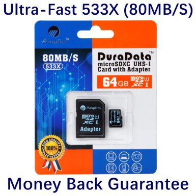 64GB Micro SD Card Plus Adapter Class 10 UHS-I MicroSDXC Extreme Pro Memory 64 GB Ultra High Speed 80MBs 533X UHS-1 Microsd SDXC Pack Amplim Cell Phone Tablet Flash 64G Performance TF G5