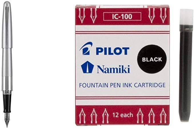 Pilot Metropolitan Collection Fountain Pen, Silver Barrel, Classic Design, Fine Nib, Black Ink (91113) &  Namiki IC100 Fountain Pen Ink Cartridge, Black, 12 Cartridges per Pack (69100)