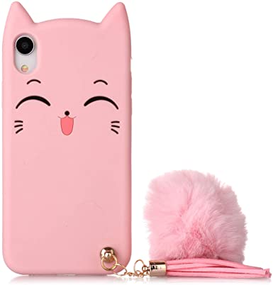 iPhone XR Cat Case, iPhone Xr Silicone Case, Fashion Cute 3D Pink Meow Party Cat Kitty Kids Girls Lady Protective Cases with Pompom/Strap Soft Case Skin for Apple iPhone Xr (2018)
