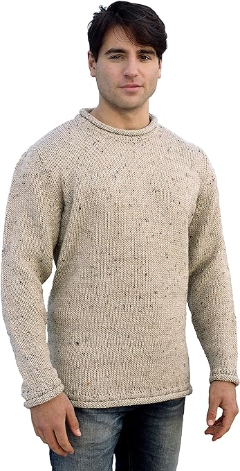 Aran Crafts Mens Plain Curl Neck Sweater (100% Wool)