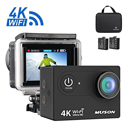 Muson 4K WIFI Action Camera 2.0 Screen 12MP F/2.4 170 Degree Wide Angle 30M Waterproof Sports DV With 2.4G Remote Control and 19 Accessories kits (DBlack)