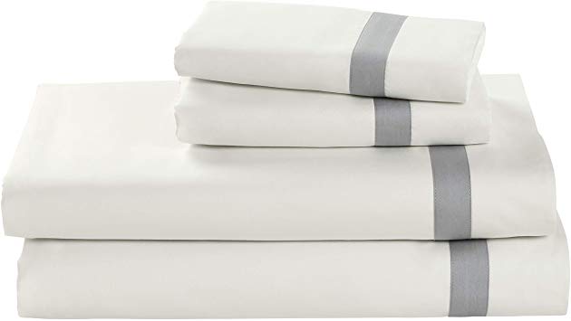 Stone & Beam Banded 100% Percale Cotton Bed Sheet Set, Easy Care, Queen, Cloud