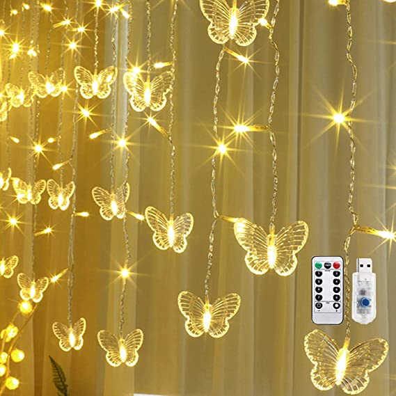 Butterfly Curtain Lights, 8 Modes 48LED Twinkle String Lights 4.9FT USB Powered Window Fairy Lights with Remote for Room Bedroom Party Wedding Holiday Christmas Patio Decoration (Warm White)