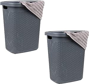 Mind Reader 50L Slim Laundry Hamper, Set of 2, Clothes Basket, Lid, Wicker Design, Plastic, 17.65"L x 13.75"W x 21"H, Gray