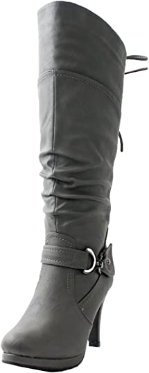 TOP Moda Womens Page-65 Knee High Round Toe Lace-Up Slouched High Heel Boots