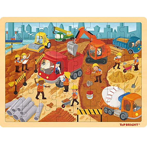 TOP BRIGHT Construction Jigsaw Puzzles for Kids Ages 4-8 - 48 Piece Wooden Puzzles for Toddlers