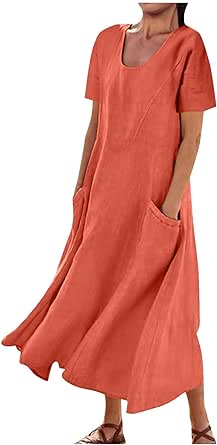 Women's Summer Cotton Linen Long Dress Sleeveless Elegant Flowy Dresses Plus Size Loose Comfy Dress with Pockets
