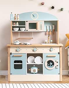 ROBOTIME Wooden Kitchen for Kids Play Kitchen, Toy Kitchen Set for Kids Kitchen Playset with Plenty of Play Features, Realistic Toddler Kitchen Set, Gift for Girls Boys Ages 3